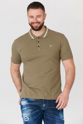 GUESS Khaki koszulka polo z paskiem na kołnierzyku,