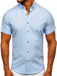 Błękitna bawełniana koszula męska z krótkim rękawem Bolf