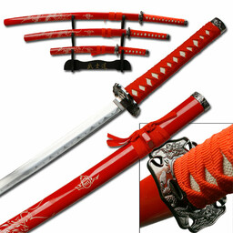 Czerwony Smok Zestaw Mieczy Katana Wakizashi Tanto Plus