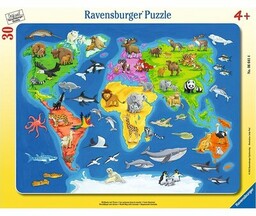 RAVENSBURGER Puzzle Mapa Świata ze zwierzętami (30 elementów)