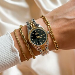 Zegarek damski złoto srebrny bransoleta z czarną tarczą