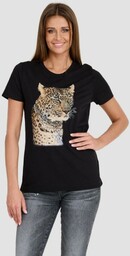 GUESS Czarny T-shirt Leopard Jewel Easy Tee, Wybierz