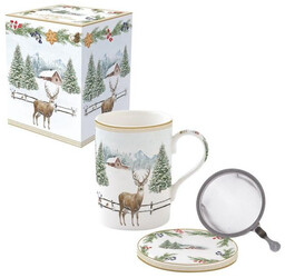 KUBEK PORCELANOWY z ZAPARZACZEM SITKIEM White Forest -