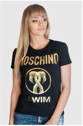 MOSCHINO SWIM T-shirt damski czarny złote duże logo,