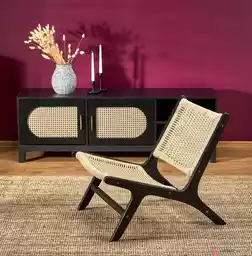 Fotel wypoczynkowy Foden do salonu, drewniany, boho, czarny