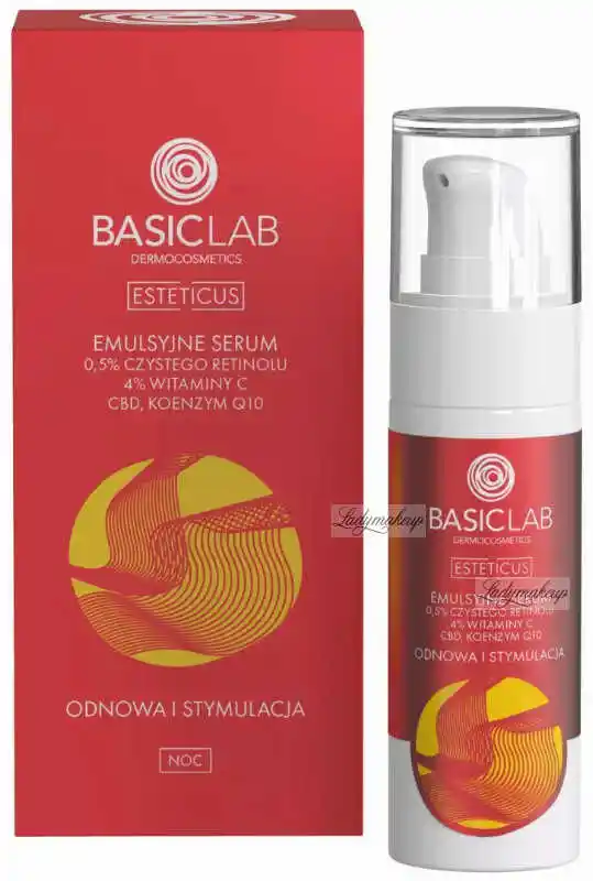 BasicLab Odnowa i Stymulacja Noc Serum z czystym retinolem 0,5proc. 4proc. witaminy C CBD i koenzymem Q10 30 ml