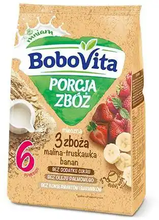 BoboVita Porcja zbóż mleczna kaszka 3 zboża malina truskawka banan 210g