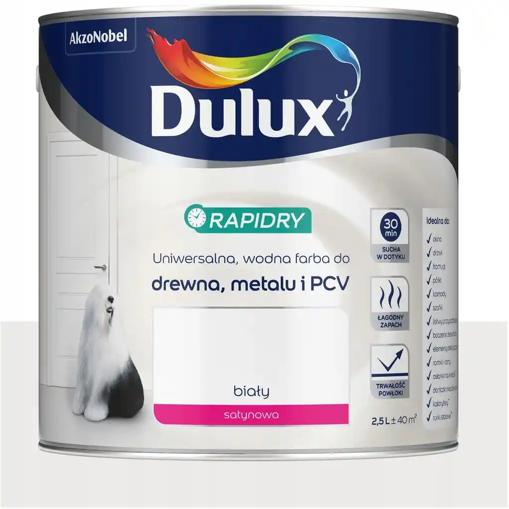 Dulux RAPIDRY Farba do drewna metalu PCV Satynowy Biały 2,5L