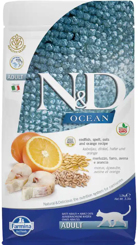 Farmina N&D Ocean Cod Spelt Oats & Orange Adult - sucha karma dla kota - 1,5kg