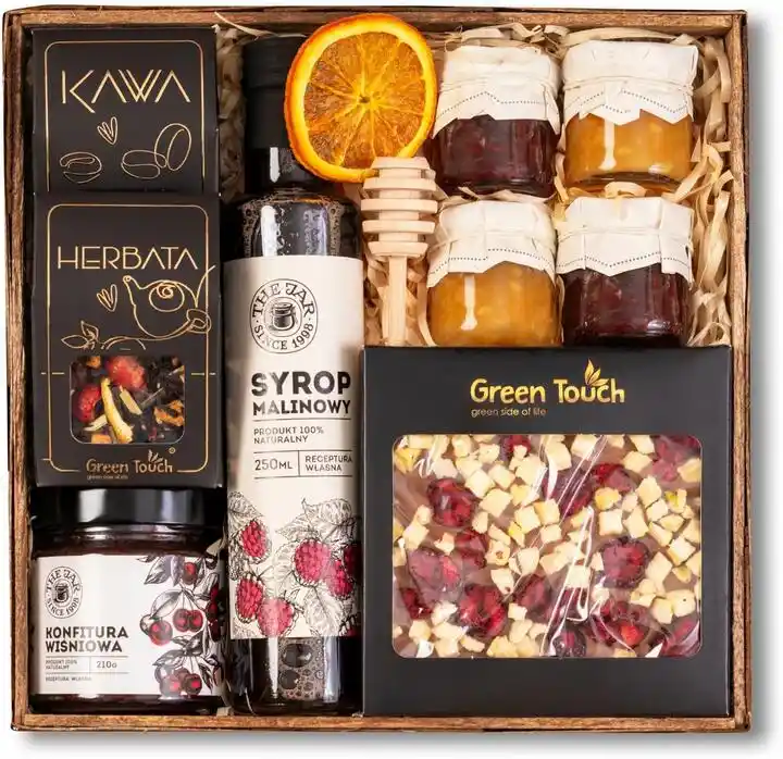 Green Touch Kosz prezentowy box prezent syrop czekolada konfitury upominek herbata kawa