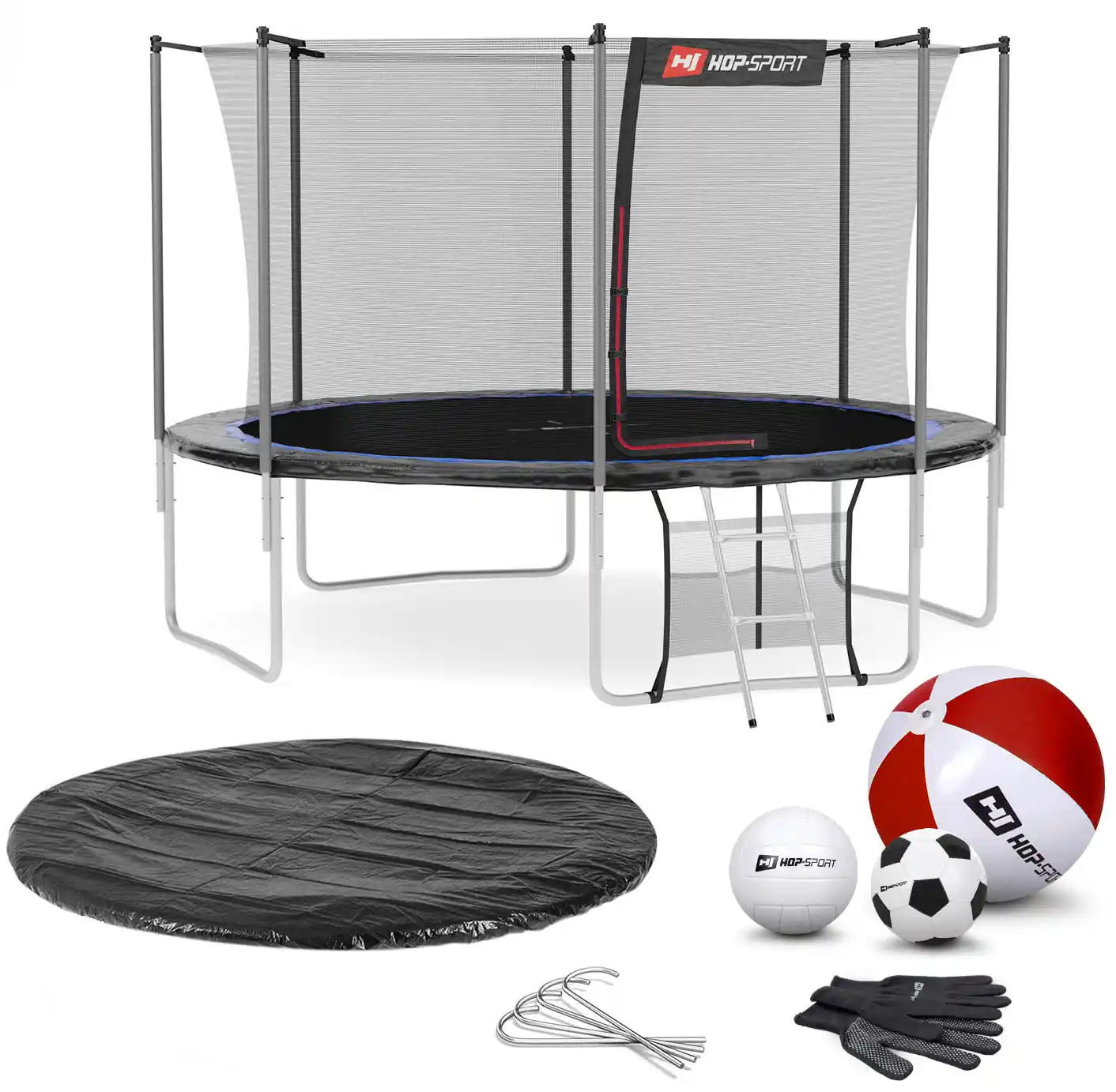 Hop-sport Trampolina 12ft (366cm) czarno-niebieska z siatką wewnętrzną