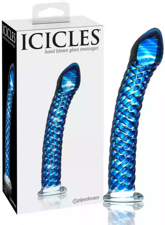 Icicles No. 29 - spiralne szklane dildo z penisem (niebieskie)