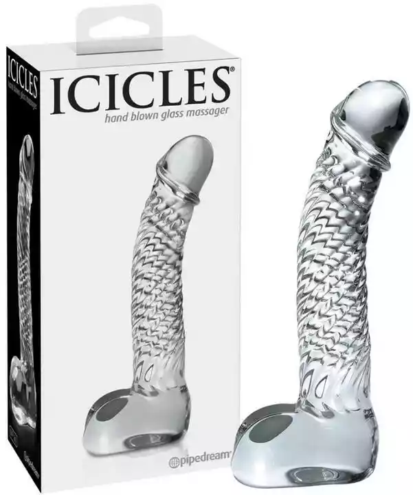 Icicles No. 61 - szklane dildo z jądrami i penisem (półprzezroczyste)