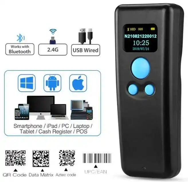 Kim-tech Mini skaner kodów QR z wyświetlaczem OLED Bluetooth Bezprzewodowy 2.4 i kabel USB