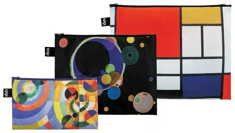 Loqi Trzy saszetki z recyklingu Mondrian Kandinsky Delaunay Circular Forms Several Circles Composition