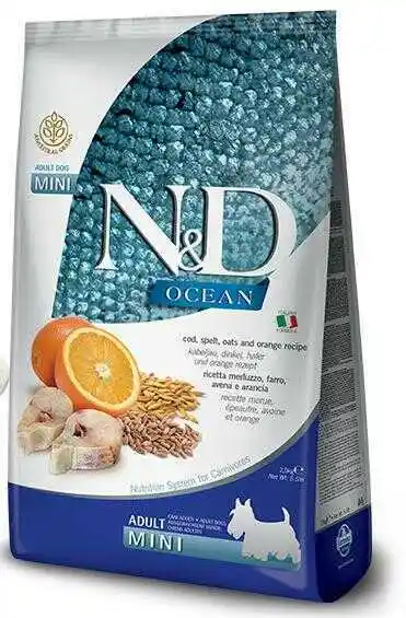 N&d Ocean Dog Farmina N&D Ocean Healthy Grains Adult Mini, dorsz z pomarańczą - 2,5 kg