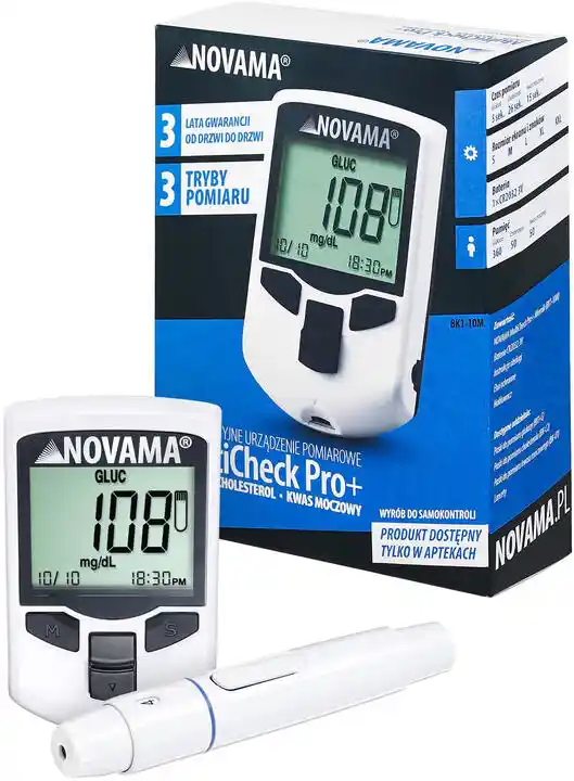 NOVAMA MULTICHECK PRO+ Glukometr Urządzenie 3w1 do pomiaru poziomu cholesterolu, glukozy i kwasu moczowego