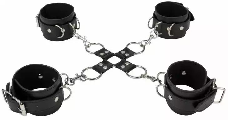 Ouch! Leather Hand And Legcuffs Black - System do krępowania Czarny