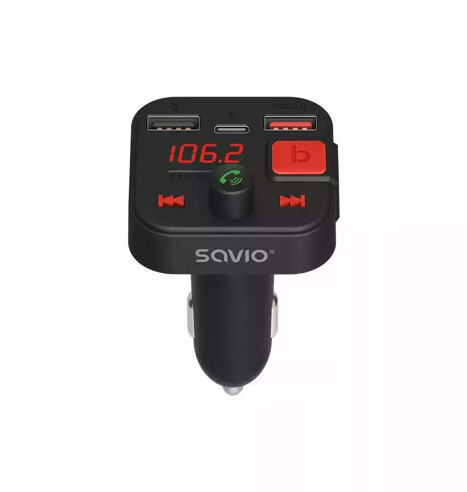 Savio TR-15 TRANSMITER FM Z WYŚWIETLACZEM, BLUETOOTH I ŁADOWARKĄ PD USB-C USB-A QUICK CHARGE, BASS BOOST