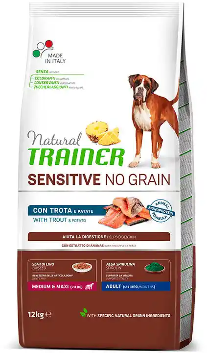 Trainer Natural Sensitive Natural Trainer Sensitive No Grain Adult Medium/Maxi Single Protein z pstrągiem i ziemniakami - 12 kg