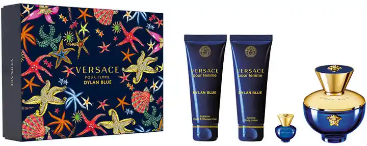 VERSACE Pour Femme Dylan Blue Zestaw: woda perfumowana spray 100ml + woda perfumowana spray 5ml + SHOWER GEL 100ml + BODY LOTION 100ml